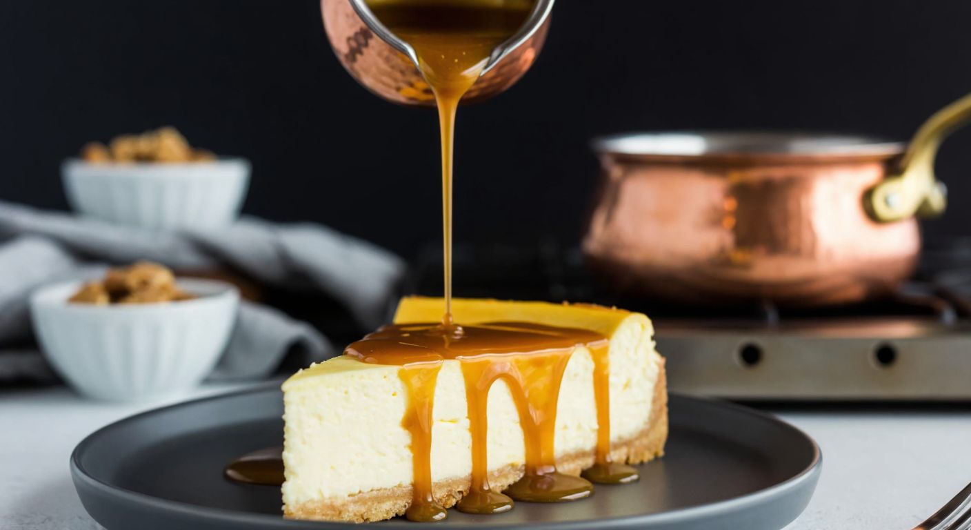 A warm, golden caramel sauce slowly drizzling over a slice of creamy cheesecake, with a Turkish copper pot simmering on a stove in the background.