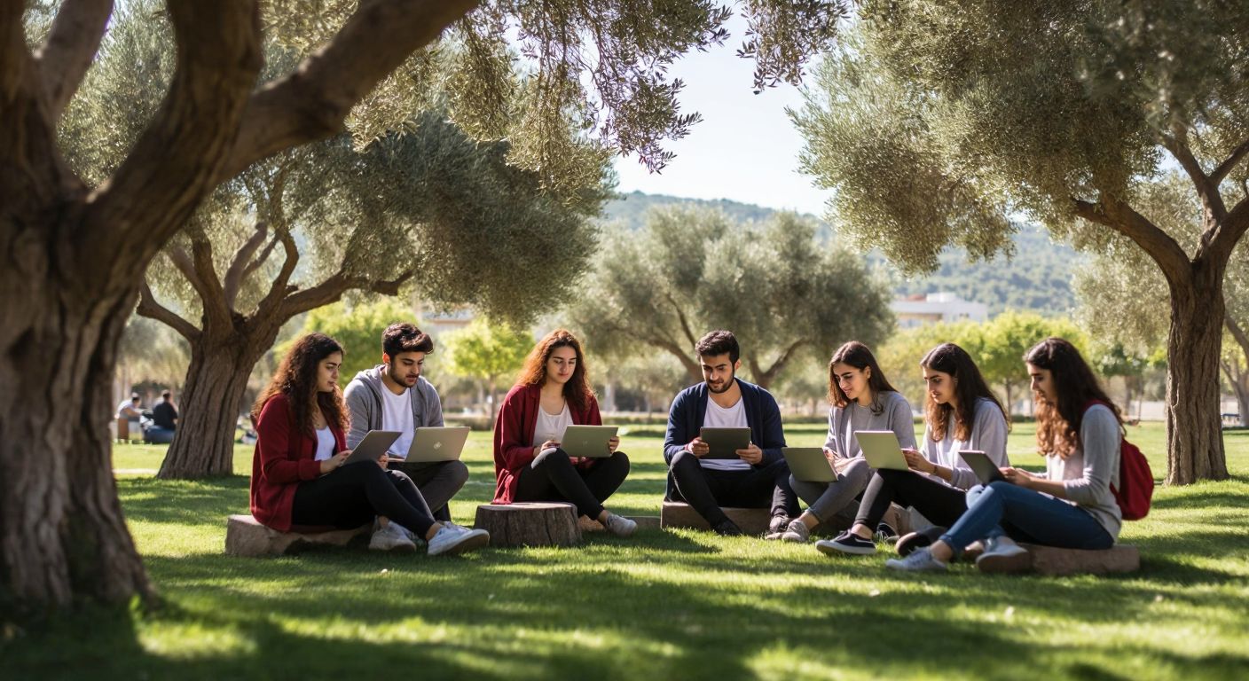 A group of diverse students in a modern Turkish university setting, attentively engaging with laptops and tablets under the shade of olive trees near Çanakkale Onsekiz Mart University, with a bright, collaborative atmosphere.