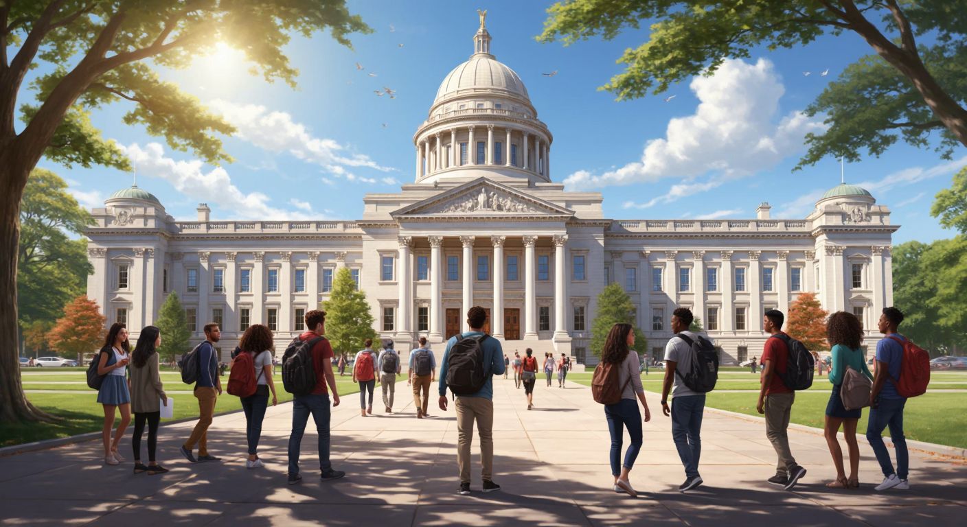A grand, neoclassical university building with a domed roof, surrounded by diverse students carrying books and chatting animatedly under a sunny sky, symbolizing academic excellence and global diversity.