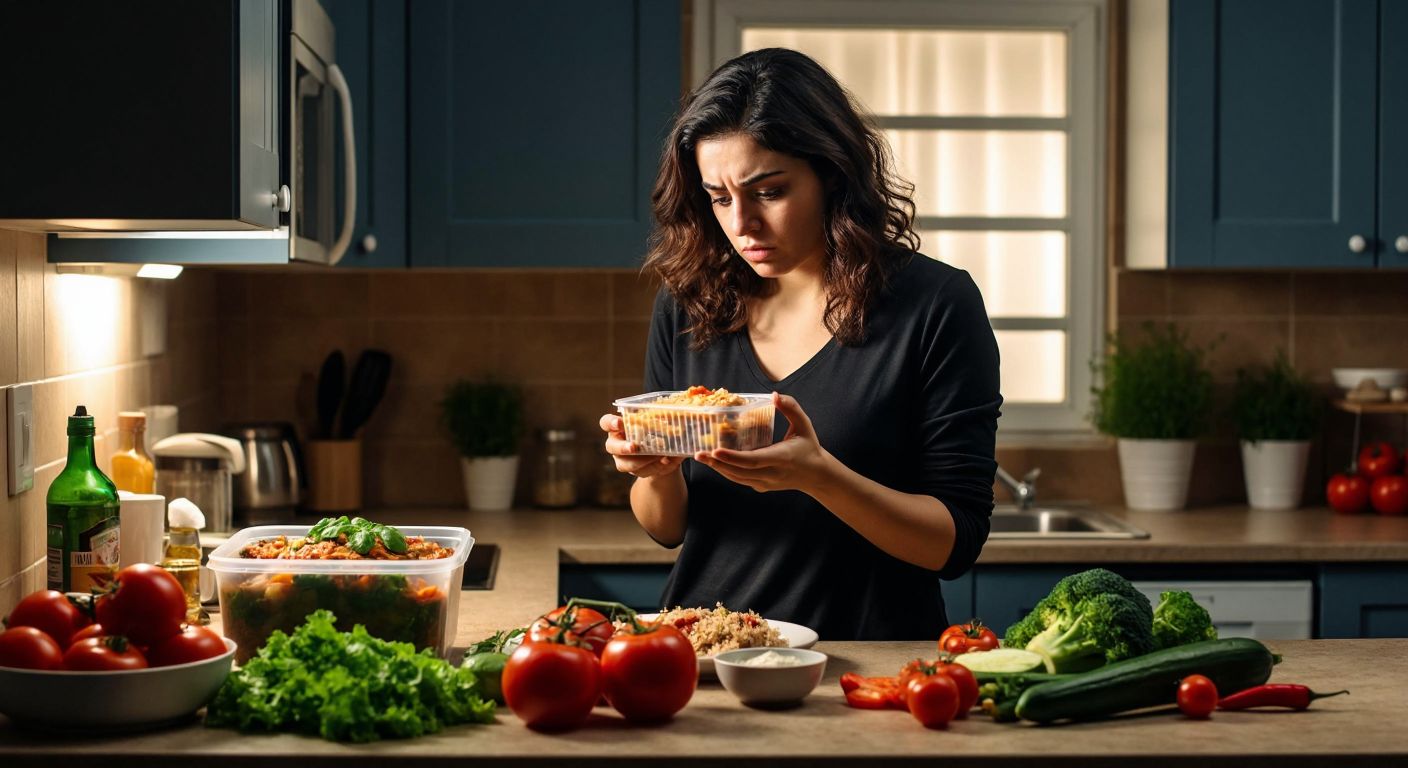 A concerned Turkish woman in a kitchen inspects a takeaway meal in a plastic container, while fresh vegetables and homemade dishes sit on the counter nearby.