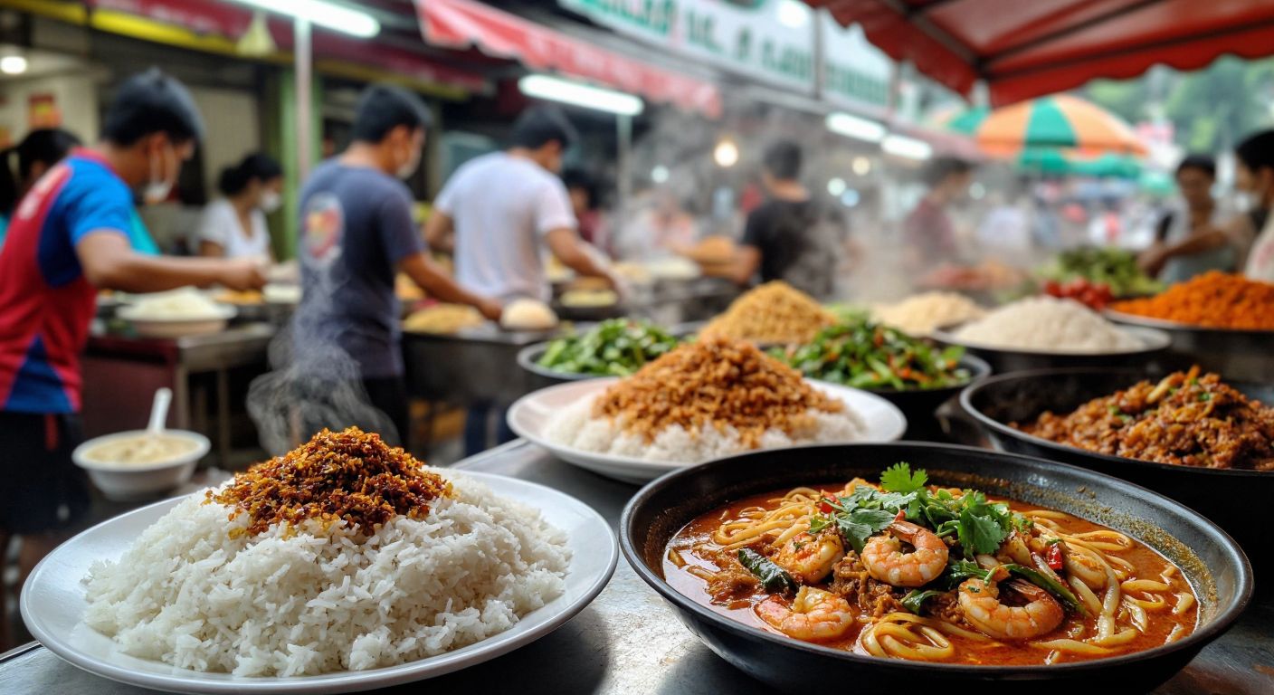 A vibrant street food stall in Malaysia displays steaming plates of *nasi lemak* with coconut rice and sambal, a bowl of *assam laksa* with thick noodles, and a sizzling wok of *char koay teow*, surrounded by the aroma of spices and the lively chatter of locals.