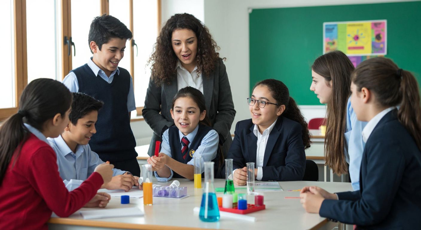 A group of diverse middle school students in Turkey, wearing school uniforms, excitedly discussing a science project with their teacher in a bright classroom filled with colorful experiment materials.