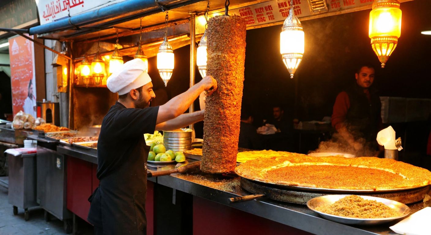 A vibrant street food stall in Gaziantep or Şanlıurfa, with a cook slicing golden-brown haşhaş döner from a vertical spit, surrounded by the warm glow of lanterns and the aroma of spices filling the air.