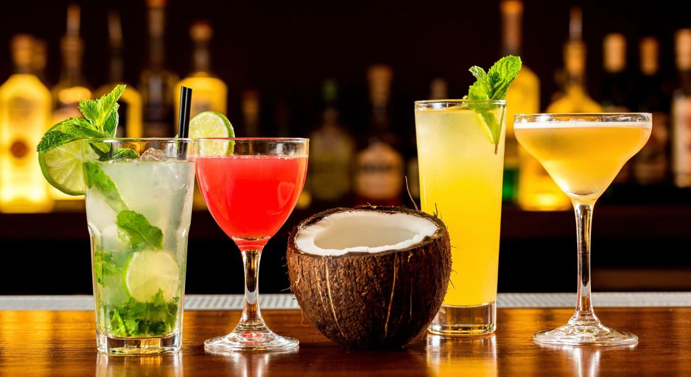 A vibrant bar scene with colorful cocktails—a mojito with fresh mint and lime, a creamy piña colada in a coconut shell, and a golden Manhattan in a sleek glass—arranged on a wooden counter under warm, ambient lighting.