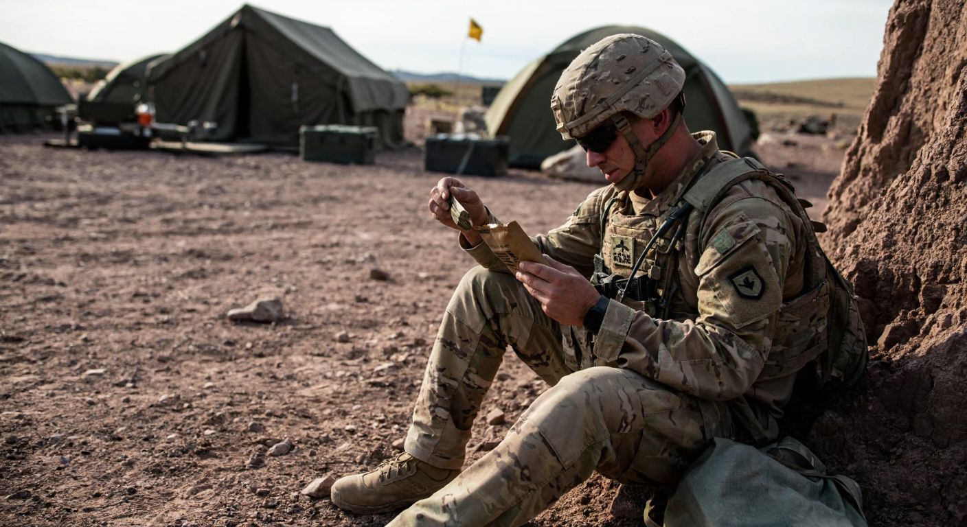 A U.S. soldier in camouflage gear sits on rugged terrain, holding an unopened MRE packet with a backdrop of military tents and scattered equipment.