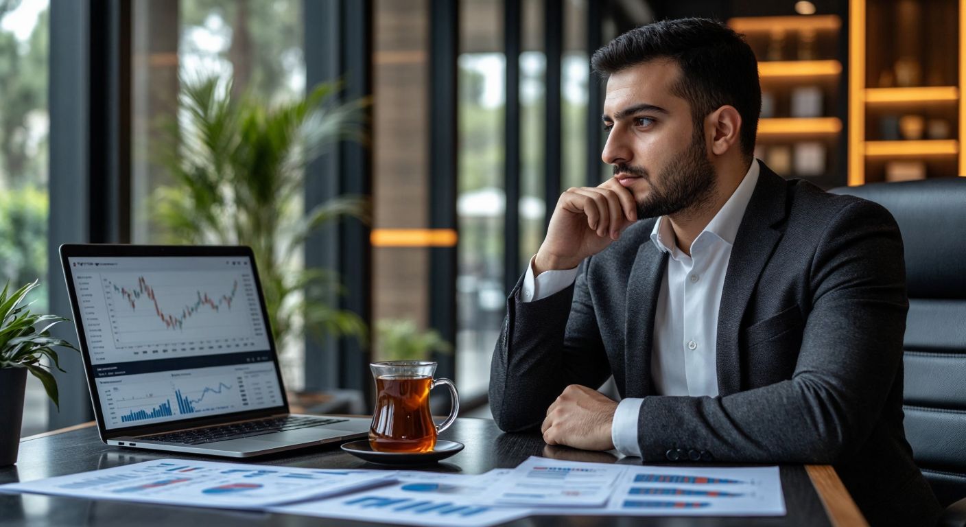 A Turkish investor in a modern office, thoughtfully analyzing stock charts on a sleek desk with a cup of traditional Turkish tea, surrounded by financial documents and a laptop displaying market trends.