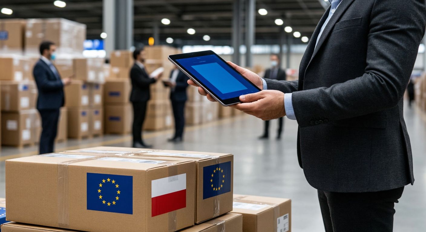A stack of neatly packaged boxes with EU flags on them moves swiftly through a bustling customs checkpoint, while a Turkish businessperson confidently hands over a digital tablet to a customs officer.