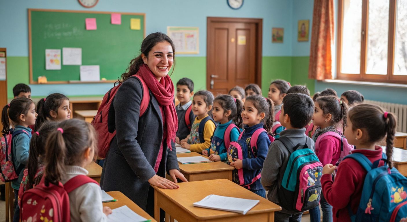 A cheerful Turkish first-grade teacher in a classroom smiles warmly at a group of eager six-year-old students, their backpacks neatly lined up beside small wooden desks.