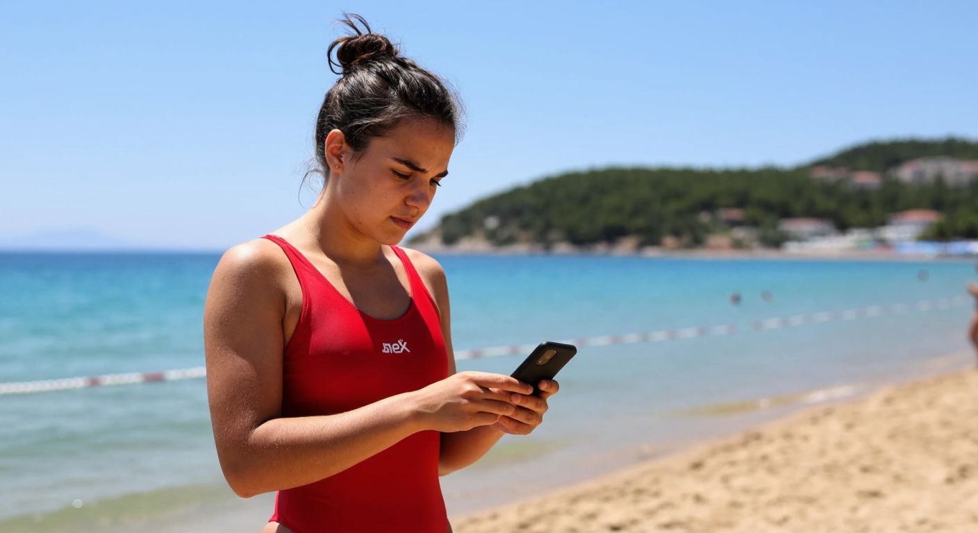 A determined young lifeguard in a red swimsuit stands on a sunny Turkish beach, holding a certificate while looking at a smartphone screen with a focused expression.