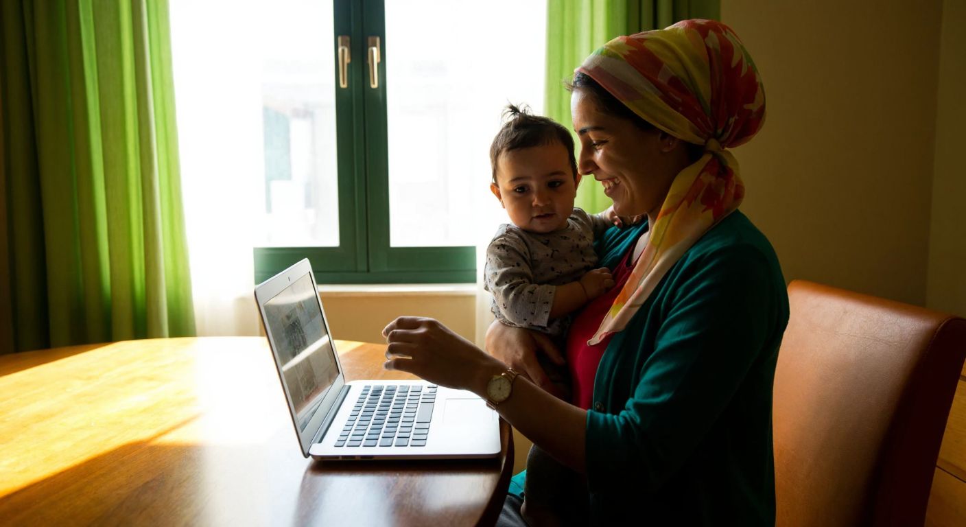 A young mother in Bursa, wearing a colorful headscarf, sits at a wooden table with a laptop open, smiling warmly as she holds her toddler on her lap while sunlight streams through a window with green curtains.
