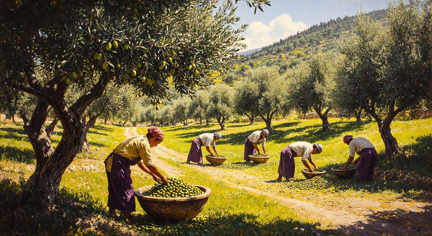 A sunlit olive grove in Edremit with workers harvesting ripe olives by hand, their faces glowing with pride, while golden olive oil drips from a traditional stone press in the background.