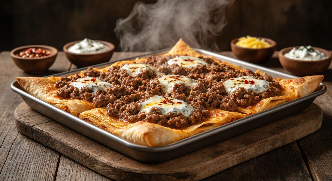 A warm, golden-brown tray of yufka tirit, layered with crispy shredded pastry, topped with savory minced meat, drizzled with garlic yogurt, and garnished with melted butter and red pepper flakes, steaming on a rustic wooden table in a Turkish kitchen.
