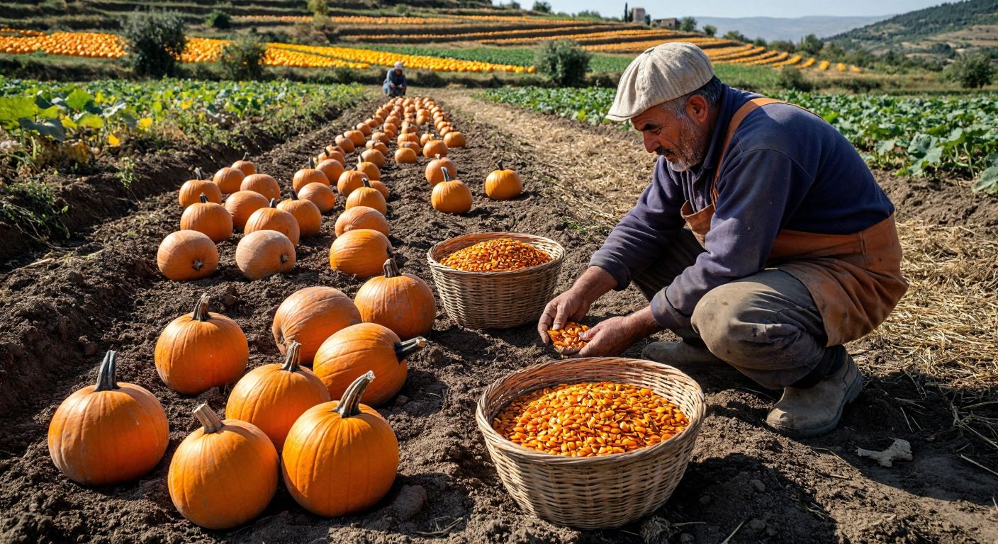A sunlit Turkish pumpkin field with ripe orange pumpkins scattered across the soil, a farmer in traditional workwear kneeling to collect seeds, and woven baskets filled with glistening pumpkin seeds nearby.