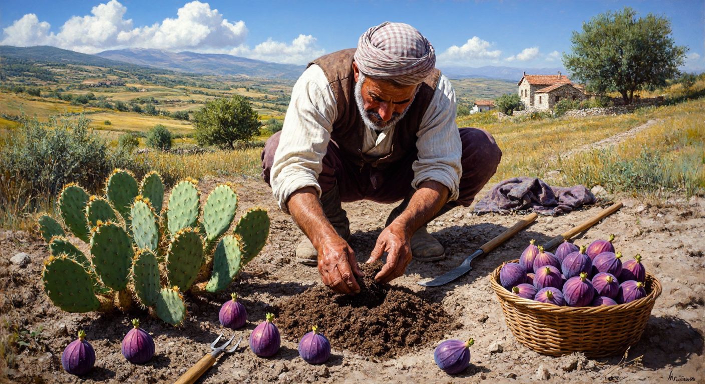 A sunlit Turkish countryside scene with a farmer in traditional attire carefully planting a prickly pear cactus in dry, well-drained soil, surrounded by scattered farming tools and a basket of ripe purple figs.
