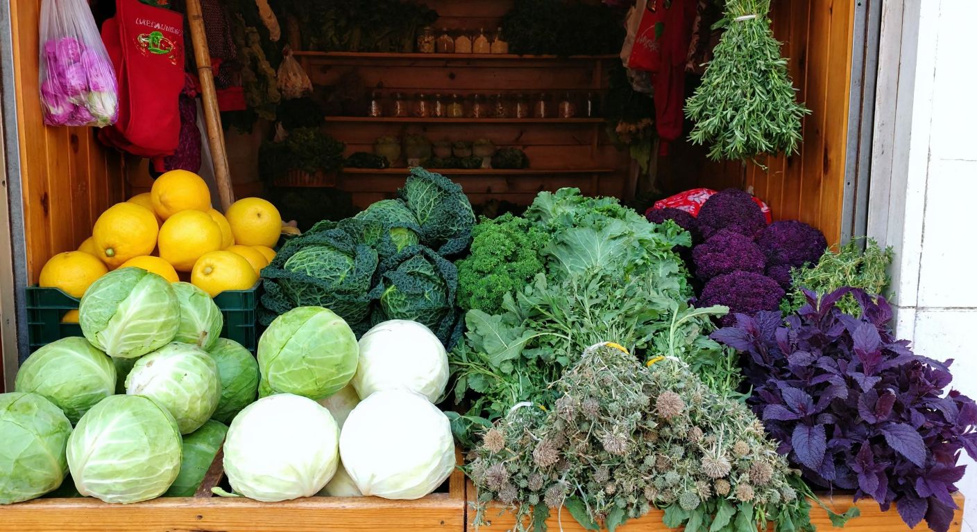 A vibrant wooden market stall in Turkey overflows with fresh green lahana, golden limon, and purple karahindiba, surrounded by bundles of aromatic kekik and kına kına leaves.