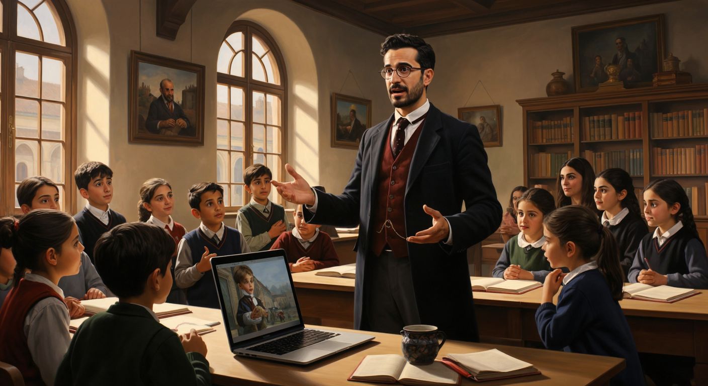 A Turkish teacher in a modern classroom, gesturing toward a laptop displaying a school registration form, while a group of attentive parents and students watch with curiosity and anticipation.