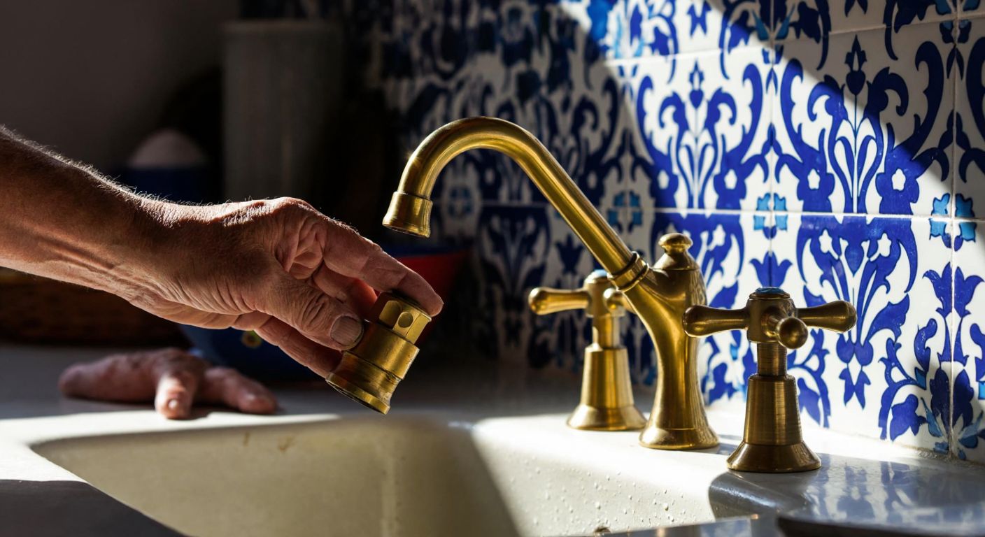 A close-up of a Turkish plumber’s weathered hands turning a brass dual-handle faucet counterclockwise in a sunlit kitchen with blue-and-white İznik tile backsplash.