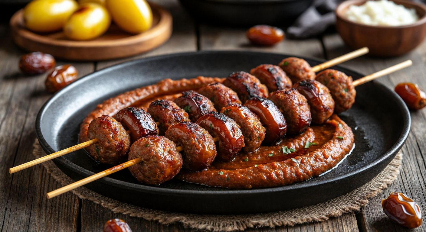 A sizzling skewer of golden-brown minced meat kebabs shaped like dates, resting on a bed of smoky roasted eggplant purée, with fresh dates scattered around on a rustic wooden table in a warm Turkish kitchen.