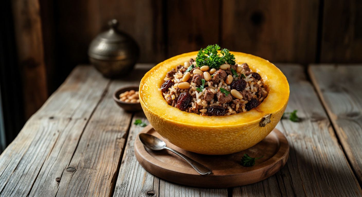 A golden melon hollowed out and filled with a fragrant mixture of minced meat, rice, onions, pine nuts, and raisins, garnished with cinnamon and parsley, resting on a rustic wooden table in a sunlit Turkish kitchen.