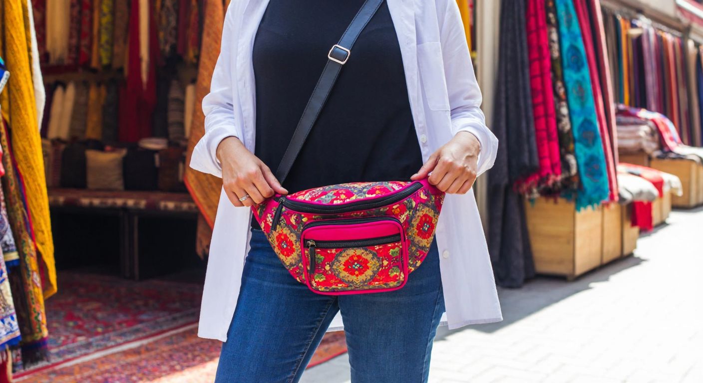 A stylish Turkish woman in Istanbul proudly holds a vibrant Muni Bum Bag, standing near a bustling bazaar with colorful textiles in the background.