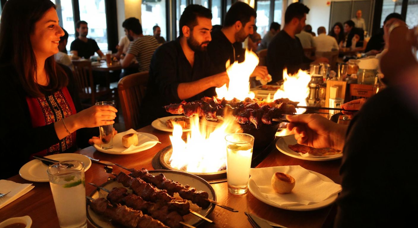 A lively Turkish ocakbaşı restaurant with a warm glow from the grill, filled with diners enjoying skewered meats and glasses of rakı on wooden tables.