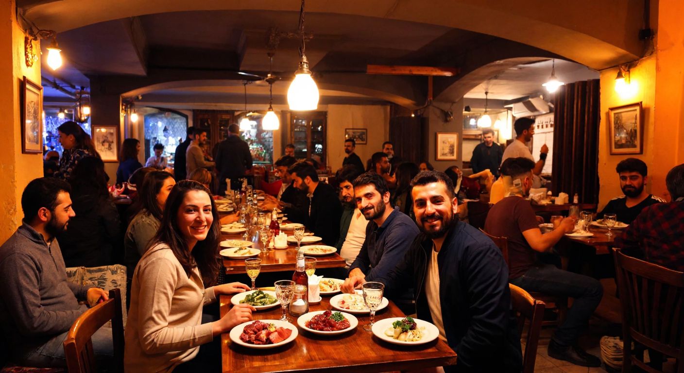 A lively traditional Turkish meyhane in Istanbul’s Tünel district, with wooden tables filled with raki glasses, meze plates, and smiling patrons in warm lamplight.