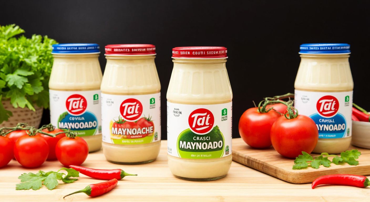 A vibrant Turkish kitchen countertop with jars of Tat Mayonez in various flavors—classic, light, and sriracha—arranged beside fresh ingredients like tomatoes and herbs, evoking a sense of rich, homemade flavor.