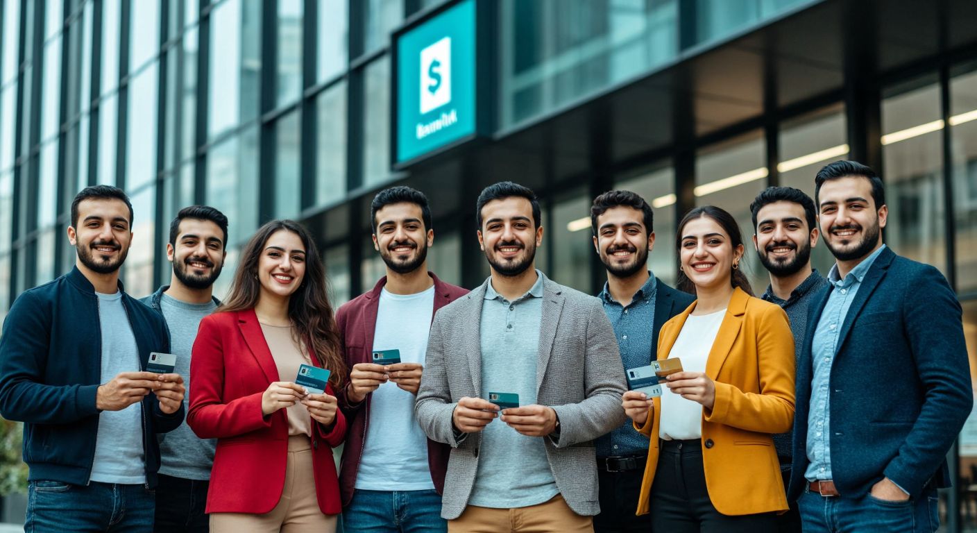 A diverse group of Turkish individuals in casual attire, smiling and holding bank cards or ID documents, standing confidently in front of a modern bank building with a digital interface glow subtly reflecting on the glass facade.