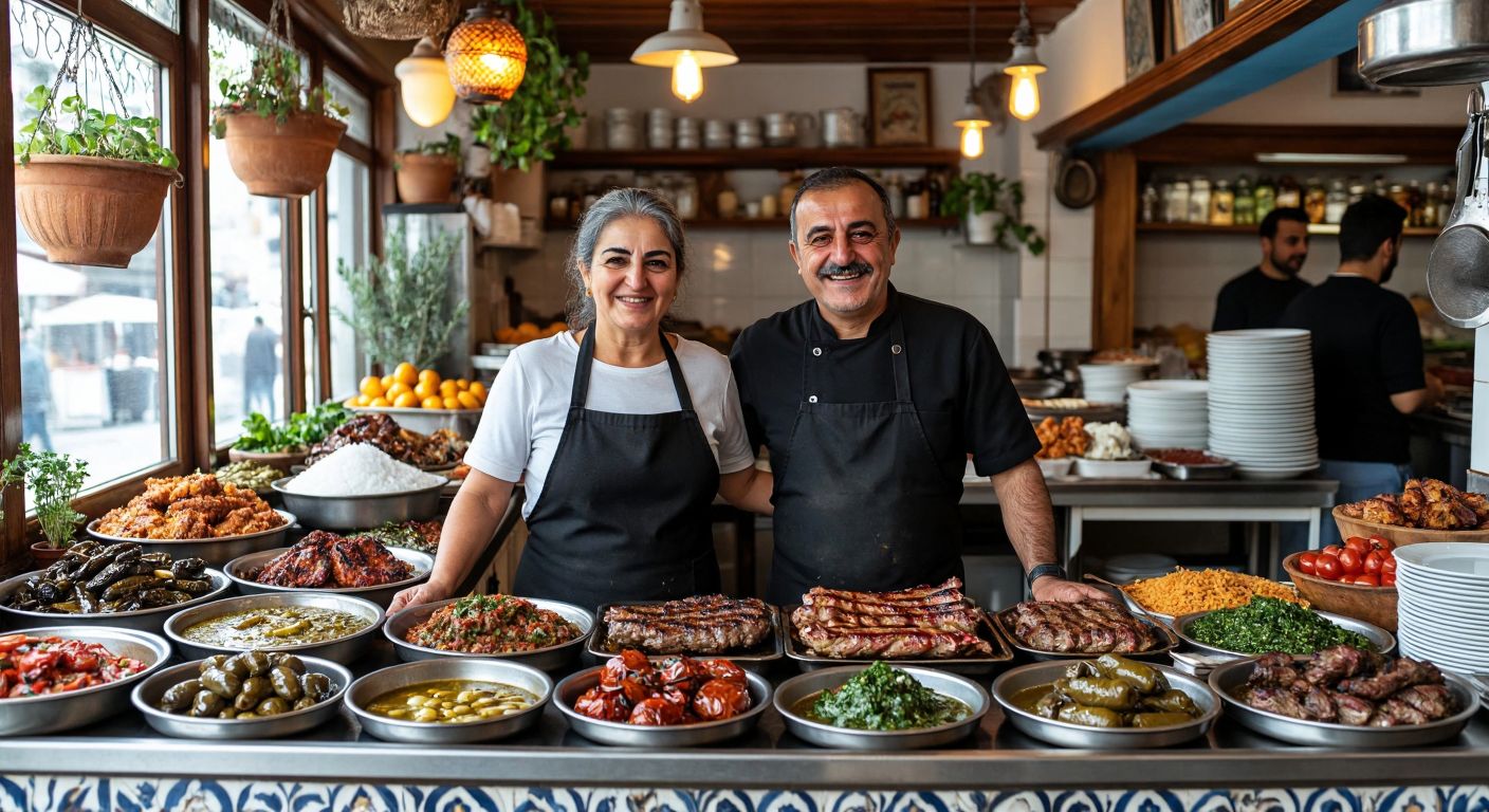A warm, bustling Turkish lokanta with a middle-aged Giritli couple, Nesrin and Beytullah Artagan, smiling proudly behind a counter filled with steaming trays of traditional Aegean dishes like zeytinyağlılar and grilled meats.