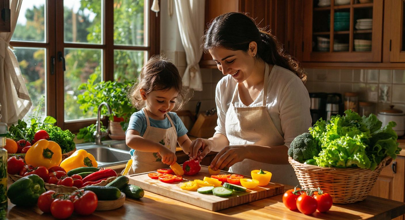 A smiling Turkish mother and child in a sunlit kitchen, arranging colorful vegetable slices into playful animal shapes on a wooden cutting board, with a vibrant market basket full of fresh produce nearby.