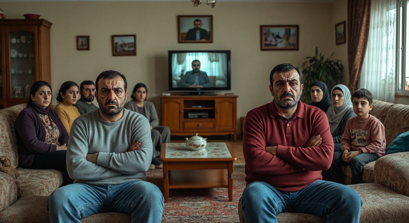 A tense family gathering in a modest Turkish home, with two middle-aged brothers sitting apart, arms crossed, while their worried wives and children watch silently, framed by a faded 1990s-style living room with a TV playing news about economic struggles in the background.
