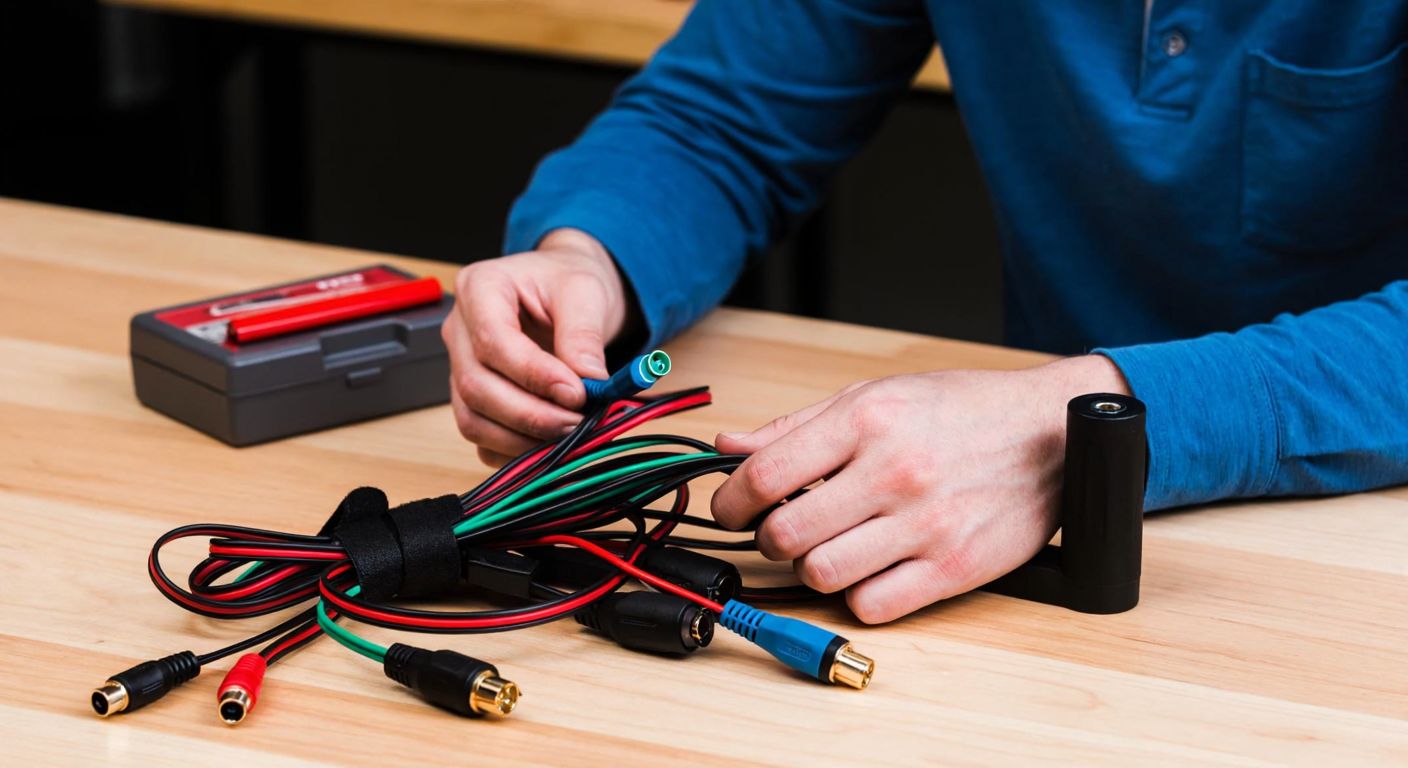 A close-up of a person’s hands carefully working with a tangle of colorful camera cables and connectors on a wooden table, with a small toolbox nearby and a focused expression on their face.