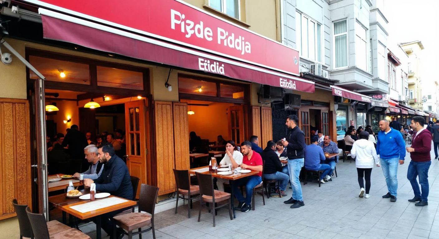 A bustling street in Zeytinburnu, Istanbul, with a warm, inviting pide restaurant displaying golden-brown etli pide in the window, surrounded by locals chatting and enjoying their meals.