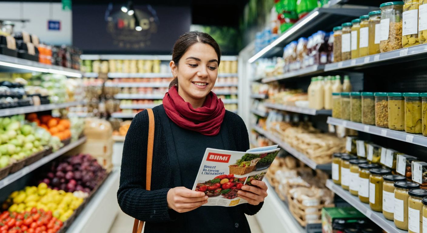 A cheerful Turkish woman in a supermarket aisle holds a colorful BİM brochure while browsing fresh produce, with shelves stocked with local goods like olives and spices in the background.