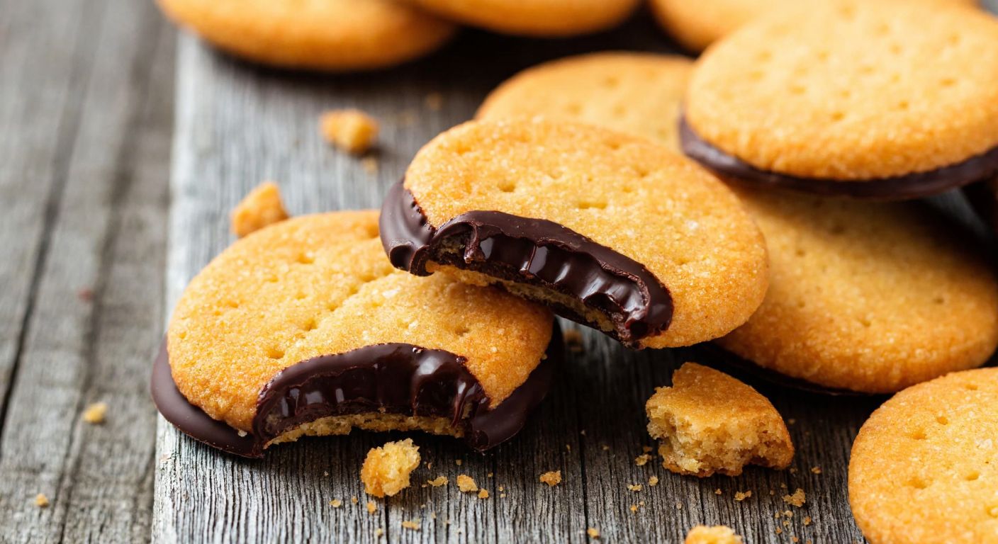 A close-up of golden-brown chocolate-coated crackers, some partially dipped in glossy dark chocolate, arranged on a rustic wooden table with crumbs scattered around, evoking a tempting snack moment.
