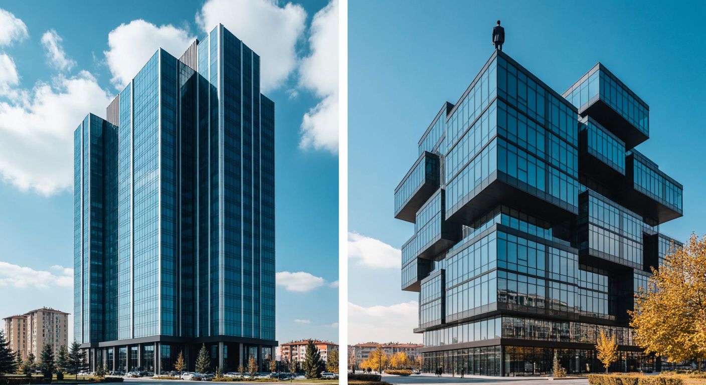 A split-image scene showing two contrasting corporate structures in Turkey: on the left, a sleek high-rise building representing a holding company with a single authoritative figure at the top, and on the right, a cluster of interconnected smaller office buildings symbolizing a group of companies collaborating under shared ownership.