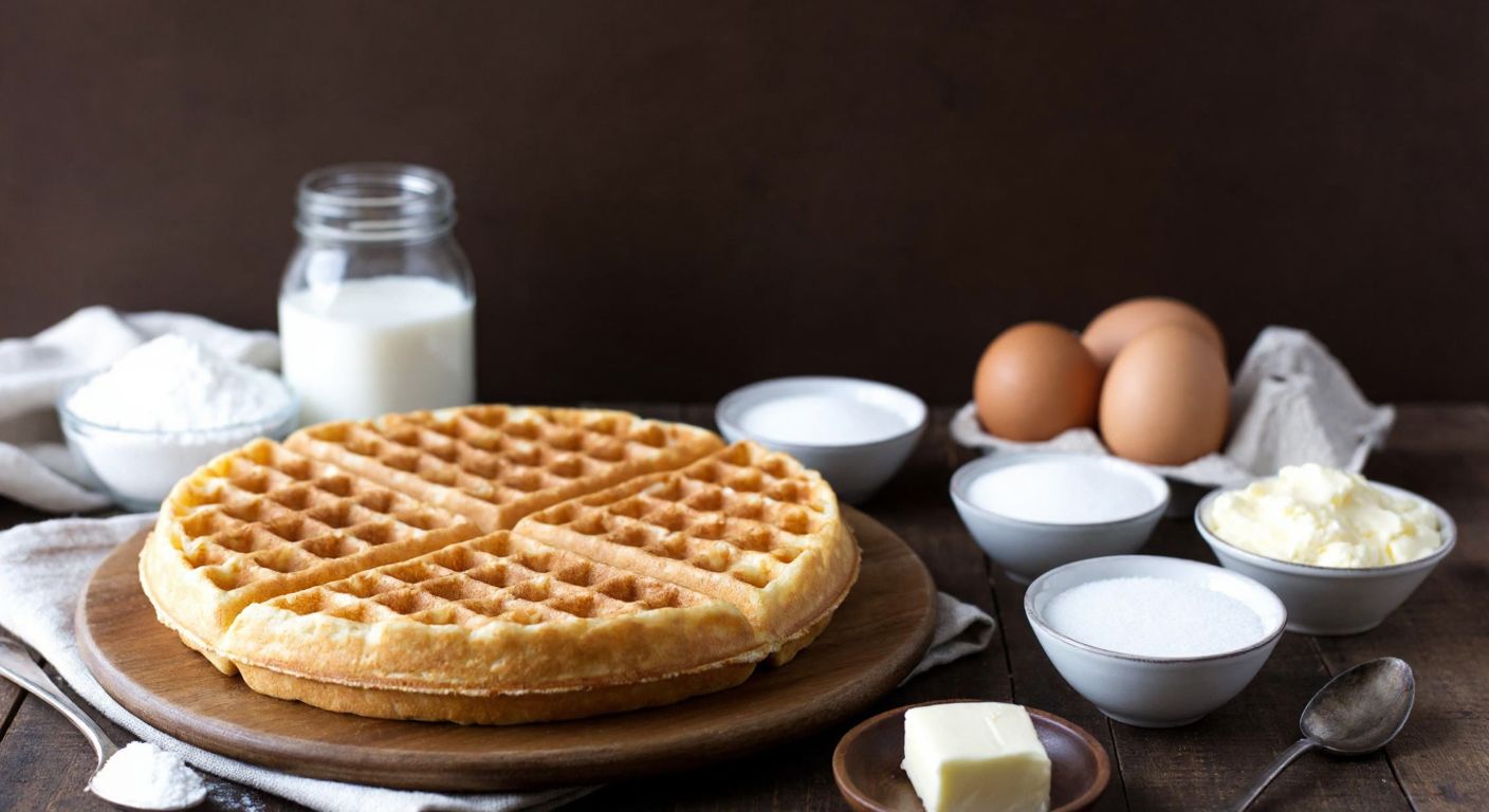 A warm, golden waffle sits on a rustic wooden table, surrounded by small bowls of flour, sugar, eggs, milk, and a stick of butter, with a jar of vanilla and baking powder nearby, evoking a cozy Turkish kitchen.