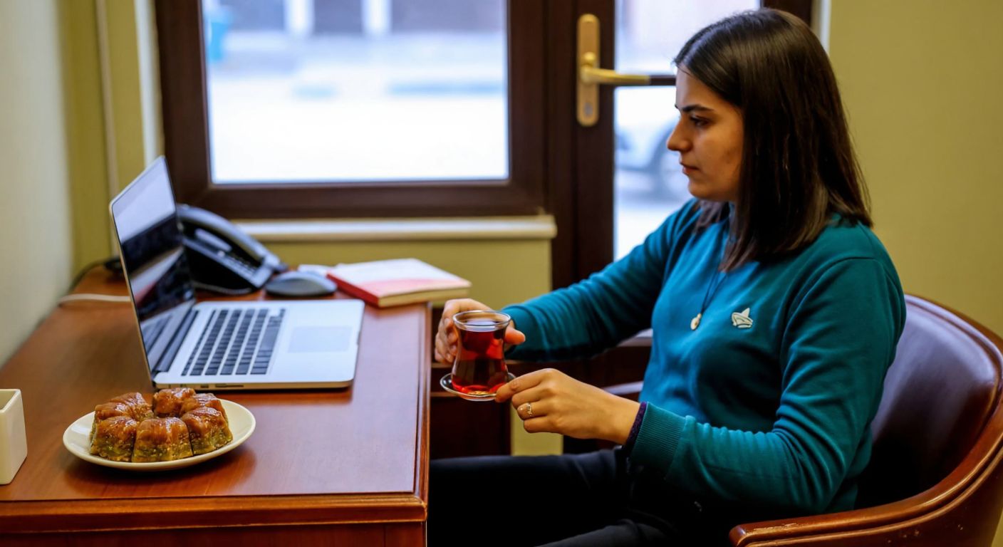 A person in Gaziantep wearing casual clothing sits at a wooden desk with a laptop, looking focused while holding a cup of Turkish tea, with a traditional baklava dessert on a small plate nearby.