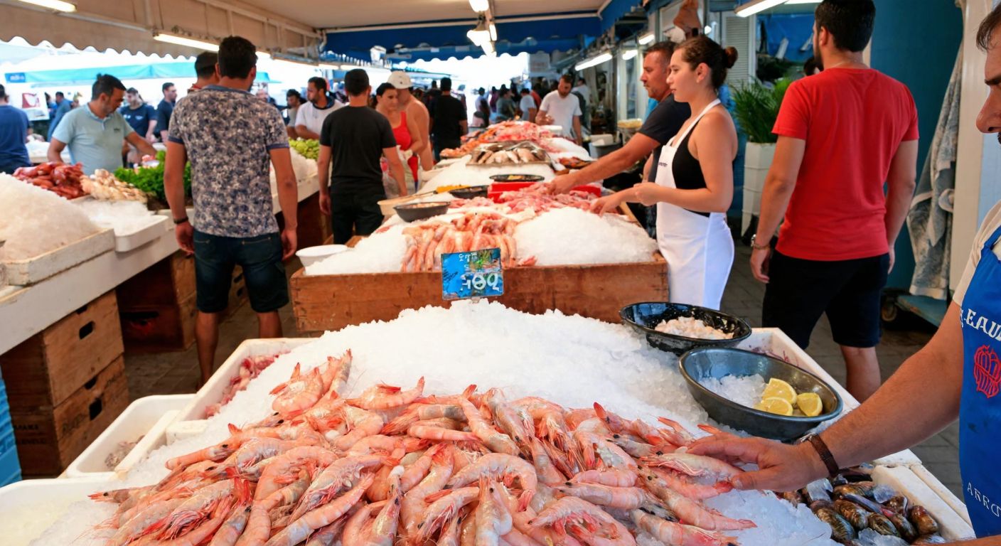 A bustling fish market in Antalya with vendors displaying fresh pink shrimp on ice, surrounded by colorful seafood and customers in casual summer attire.