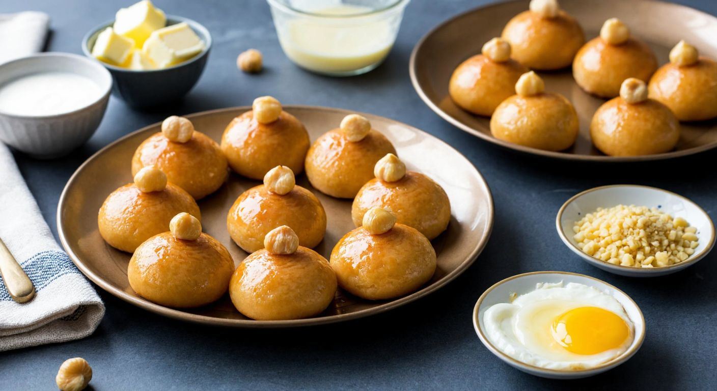 A warm Turkish kitchen with golden-brown hazelnut-topped şekerpare pastries arranged on a ceramic tray, surrounded by bowls of ingredients like butter, eggs, and crushed hazelnuts, with a steaming pot of syrup nearby.