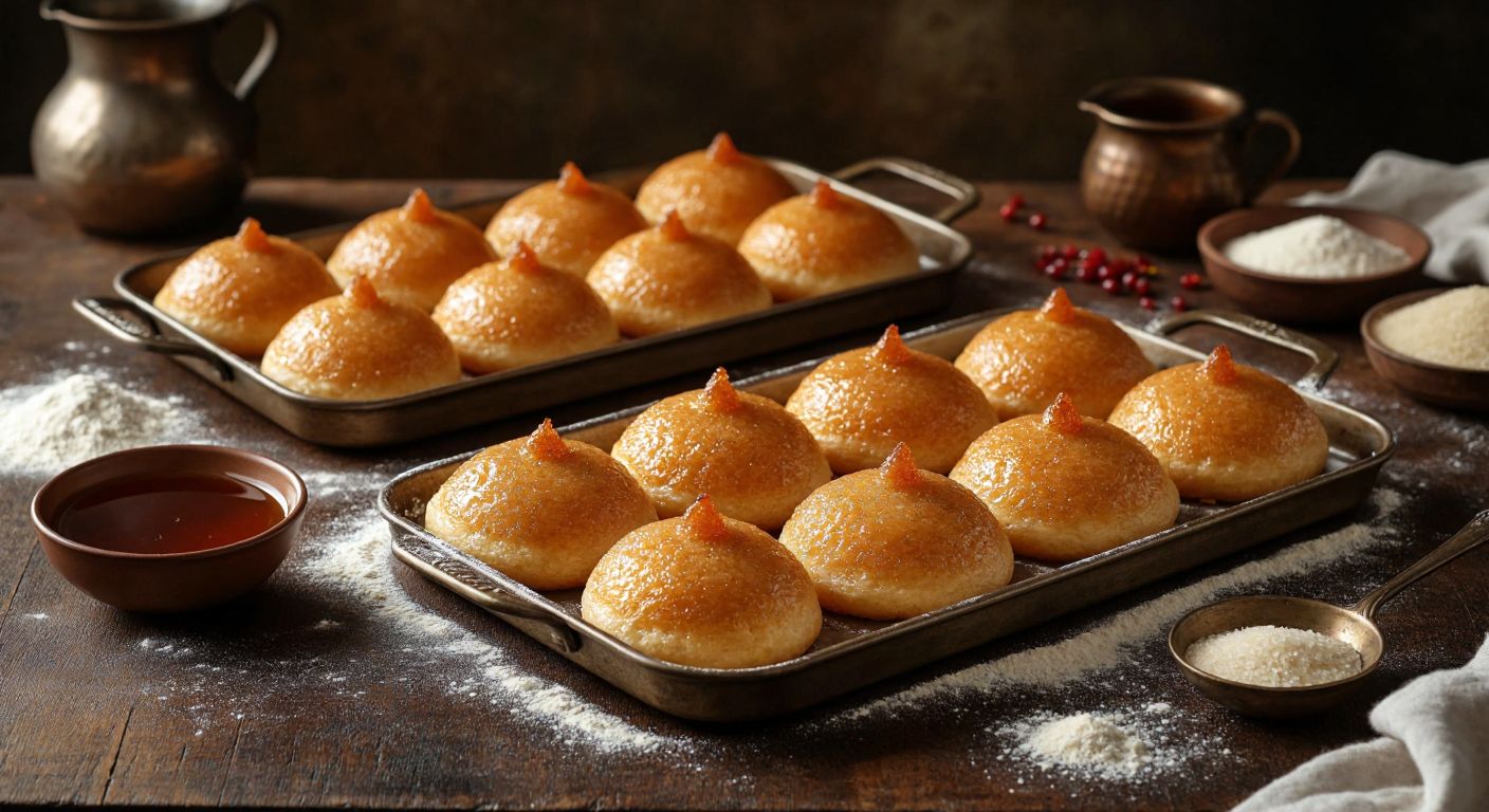 A rustic Turkish kitchen table displays two golden-brown trays of şekerpare—one with a coarse, textured surface (irmikli) and the other smooth and glossy (irmiksiz)—surrounded by scattered flour, semolina, and a small bowl of syrup, evoking warmth and tradition.