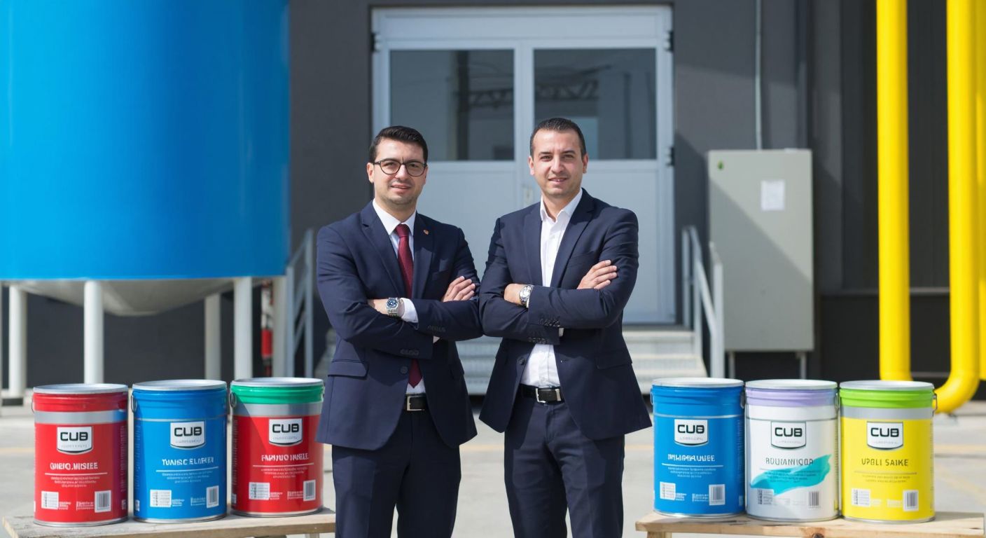 Two well-dressed Turkish businessmen in suits stand confidently in front of a modern paint factory in Antalya, surrounded by vibrant cans of Cubo-branded paint.