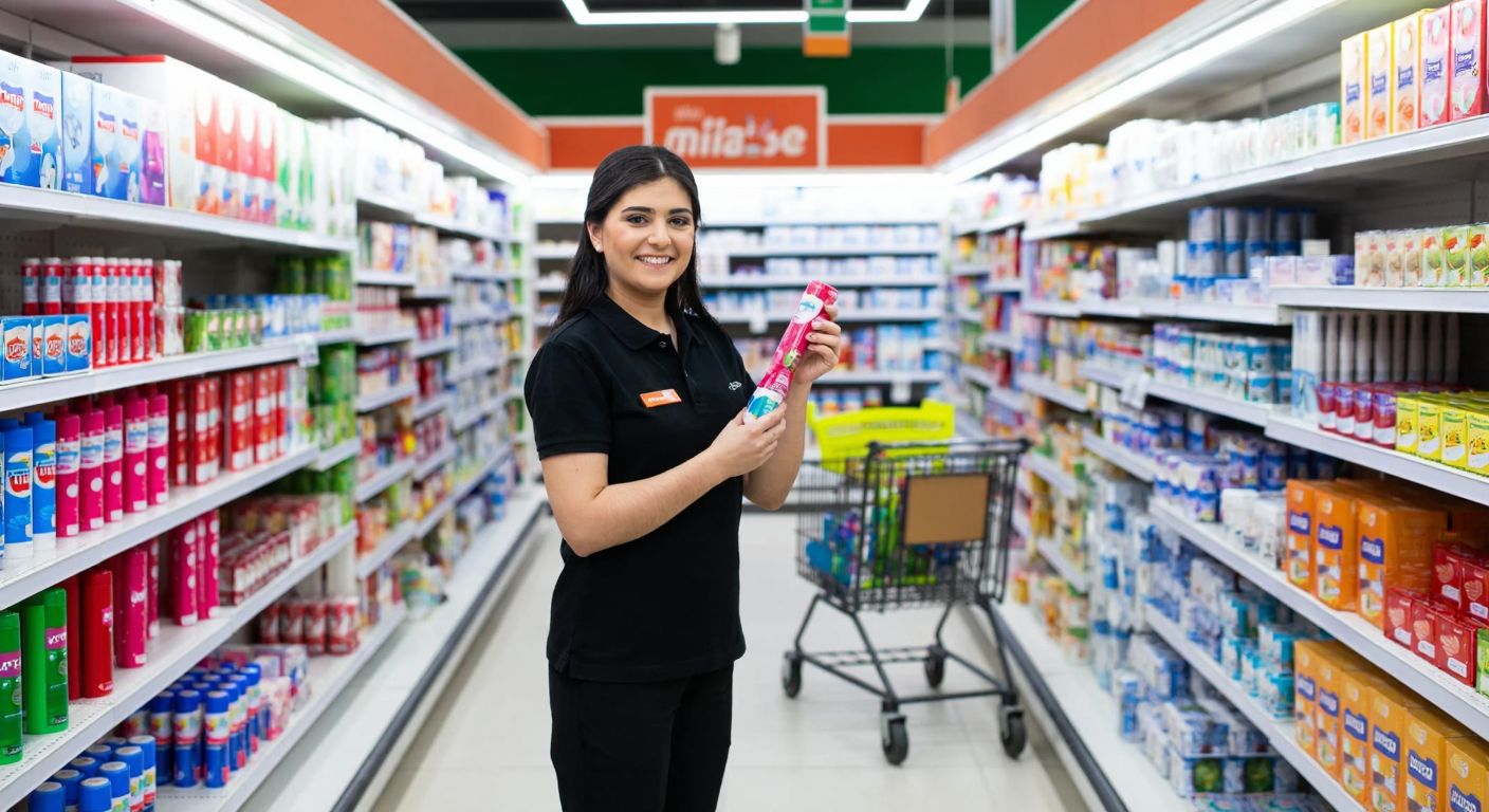 A bright, neatly arranged supermarket aisle in Turkey with shelves stocked with colorful Difaş toothbrushes, a smiling shop assistant in a Migros uniform holding one, and a shopping cart nearby.