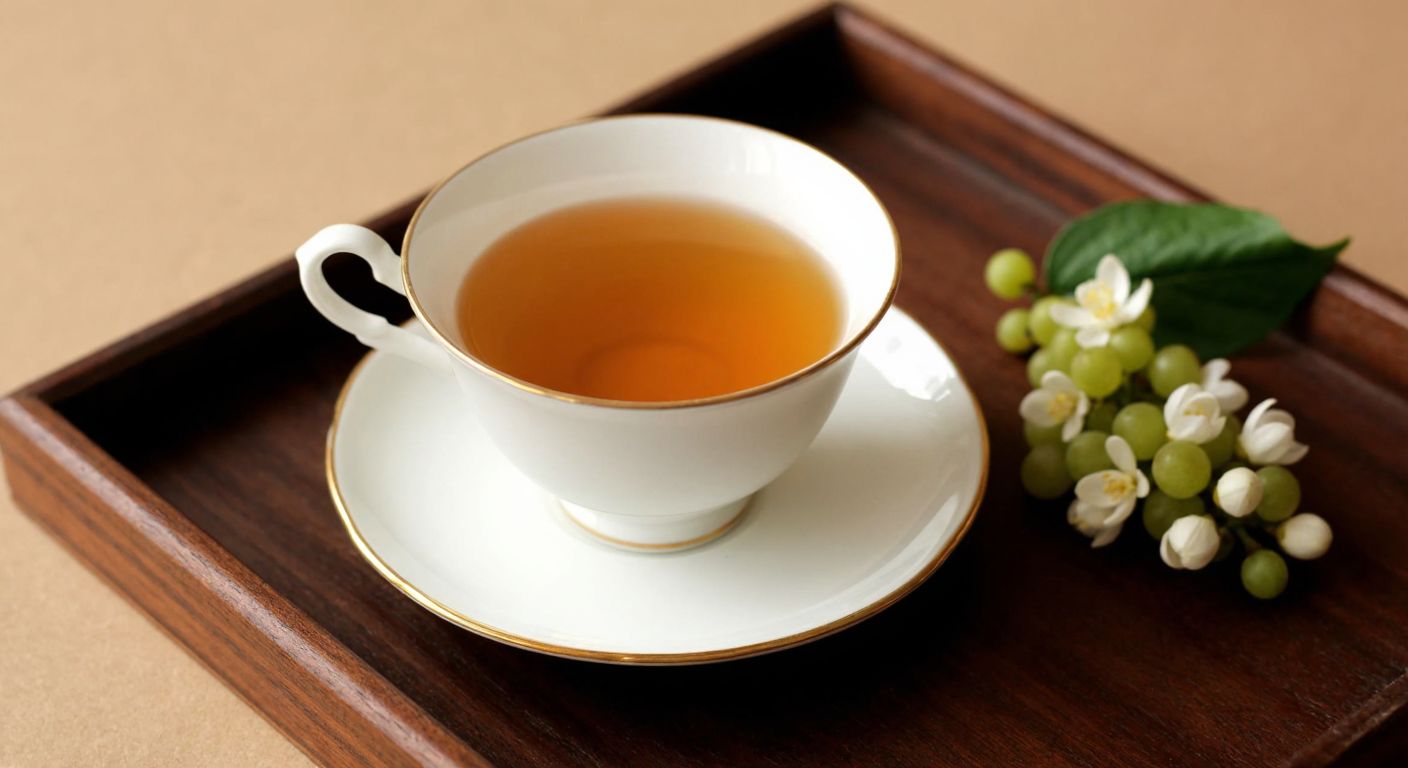 A delicate porcelain teacup filled with golden-amber Darjeeling tea, resting on a wooden tray beside fresh muscat grapes and a sprig of flowering jasmine, evoking its floral and fruity aroma.