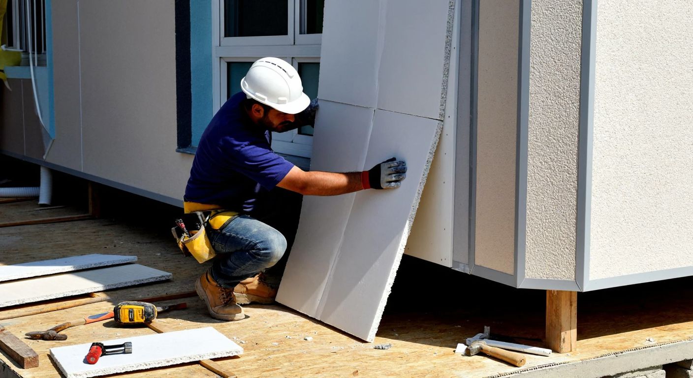 A construction worker in a hardhat carefully applies insulation panels to the exterior of a Turkish apartment building, with tools and materials scattered nearby.