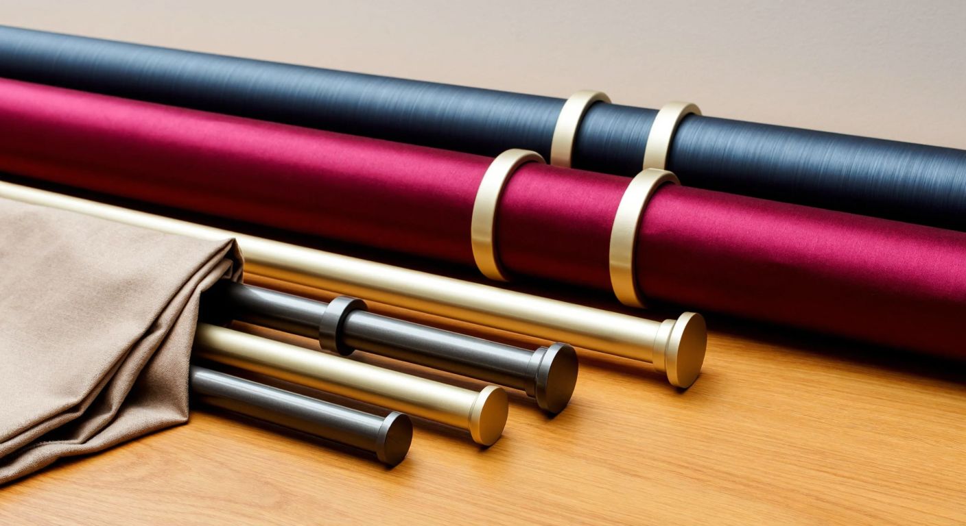 A neatly arranged selection of aluminum curtain rods in varying diameters (28mm, 32mm, 38mm) laid out on a wooden table in a Turkish home, with a heavy fabric sample draped beside them.