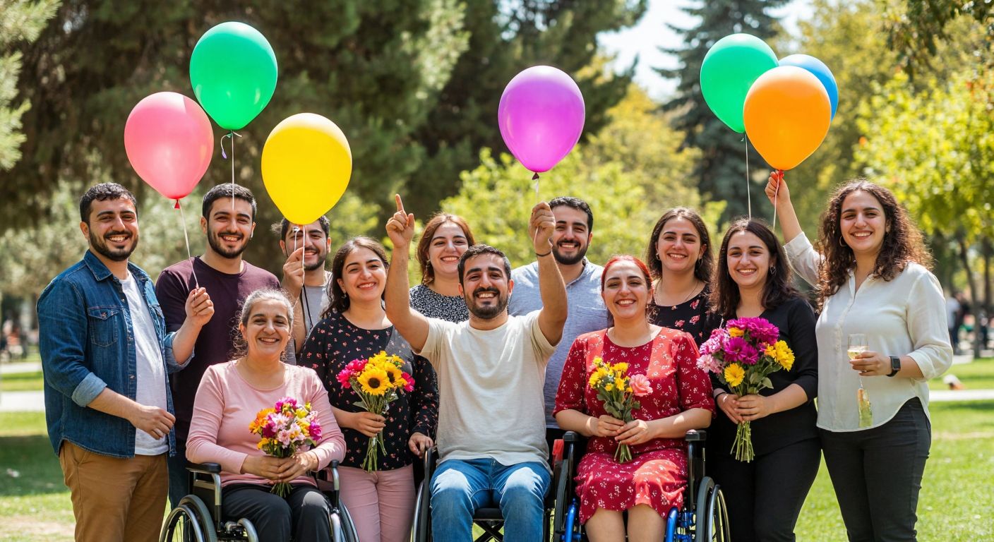 A diverse group of smiling people with and without disabilities gathered in a sunny park in Turkey, holding colorful balloons and flowers, celebrating together.