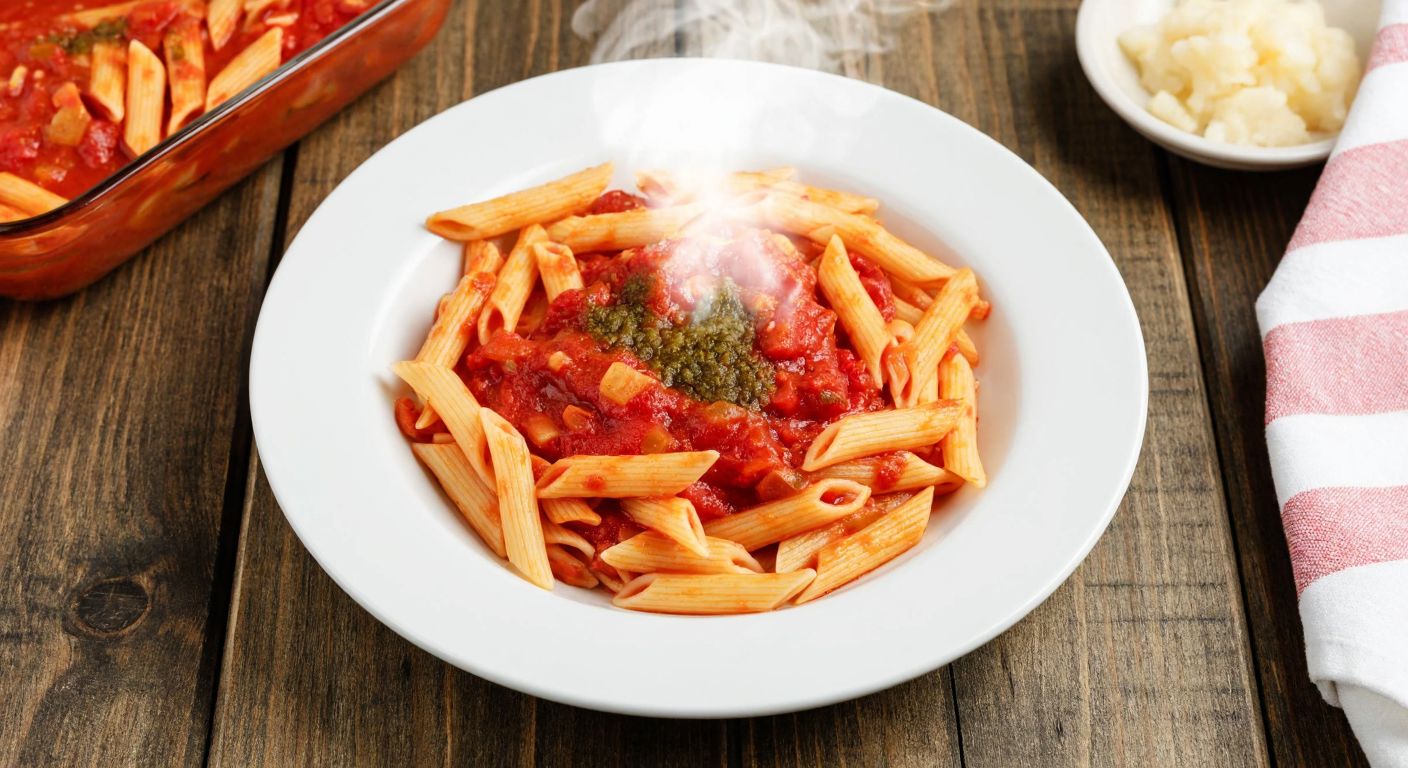 A close-up of a plate of tomato-sauce pasta with greenish mold spots, emitting a faint sour smell, placed on a rustic wooden table in a Turkish kitchen.