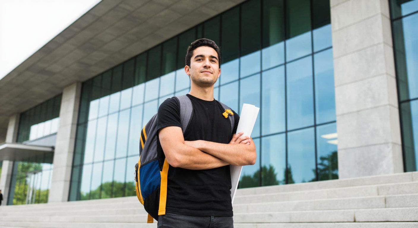 A determined young student in Sarajevo, wearing a backpack, stands confidently in front of the modern glass-and-stone facade of the International University of Sarajevo, holding a rolled-up exam paper with a hopeful expression.