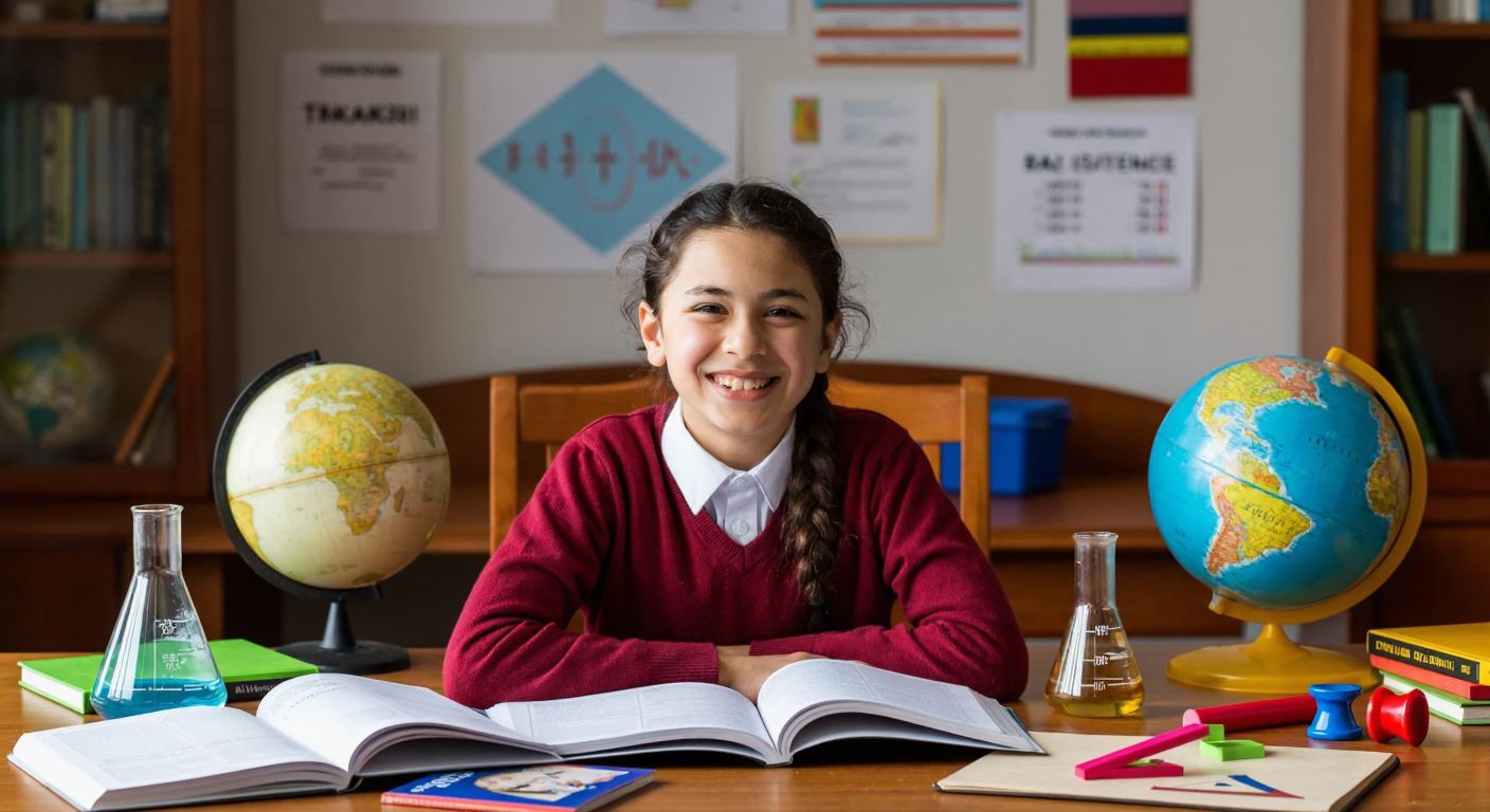 A cheerful Turkish middle-school student sits at a wooden desk surrounded by open textbooks labeled with subjects like math, science, and Turkish, with a globe, a beaker, and geometric shapes scattered nearby.